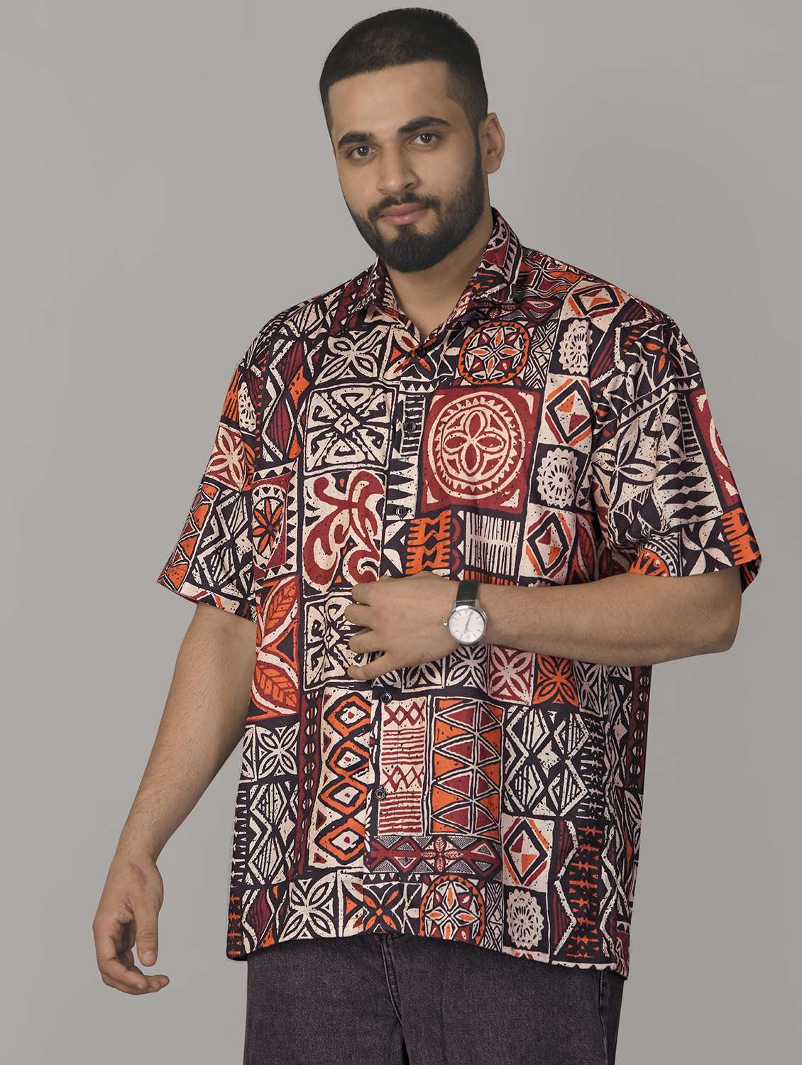 men printed short sleeve oversized casual shirt