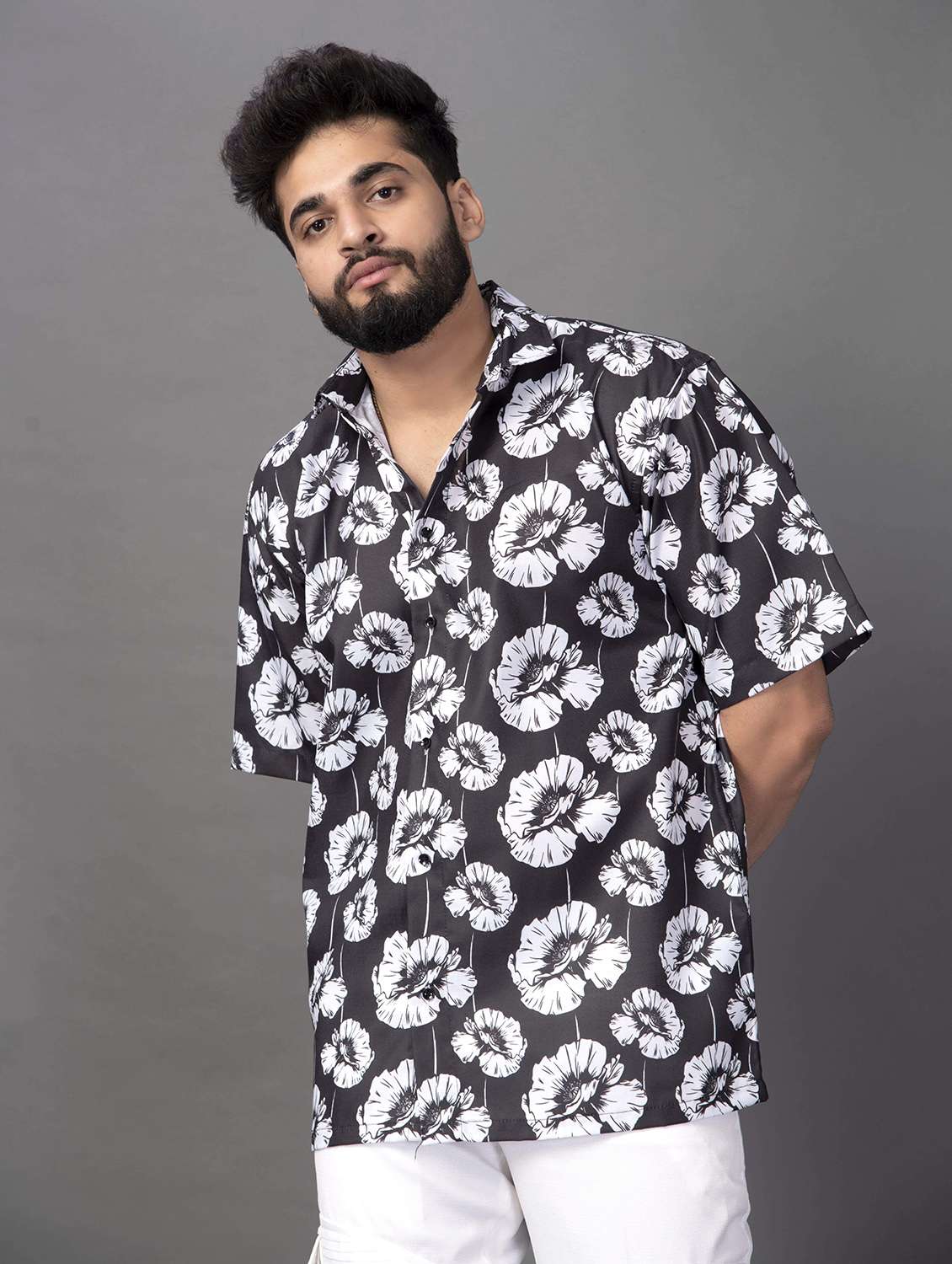 men floral printed short sleeve oversized casual shirt