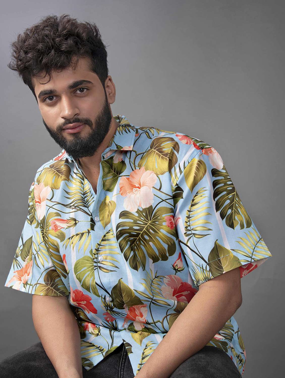 men floral printed short sleeve oversized casual shirt