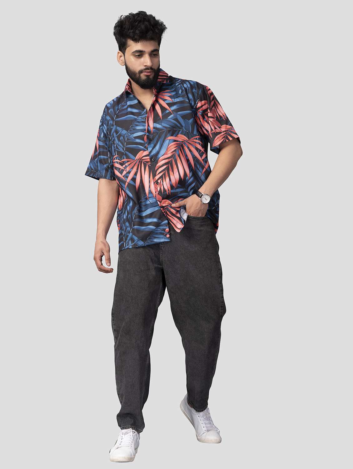 men leaf printed short sleeve oversized casual shirt - 22013127 -  Standard Image - 3