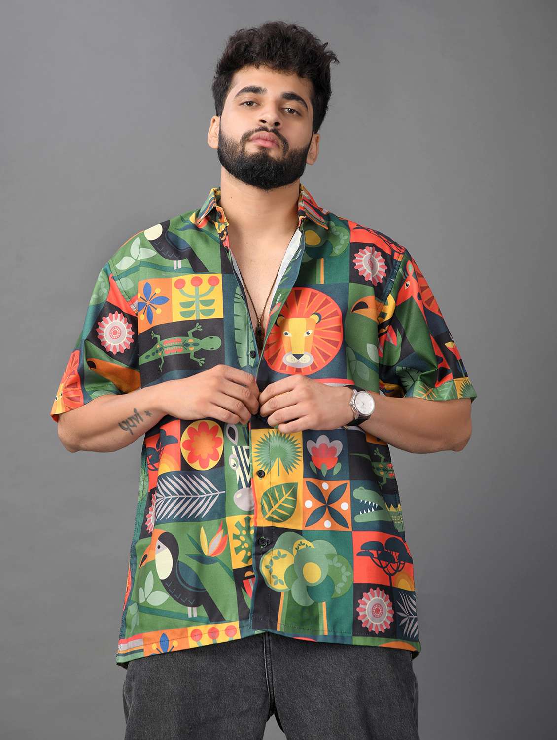 men printed short sleeve oversized casual shirt