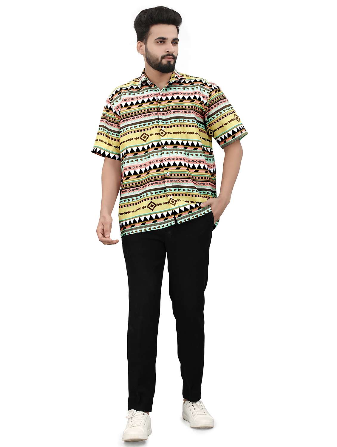 men geometric printed short sleeve oversized casual shirt - 22013140 -  Standard Image - 3