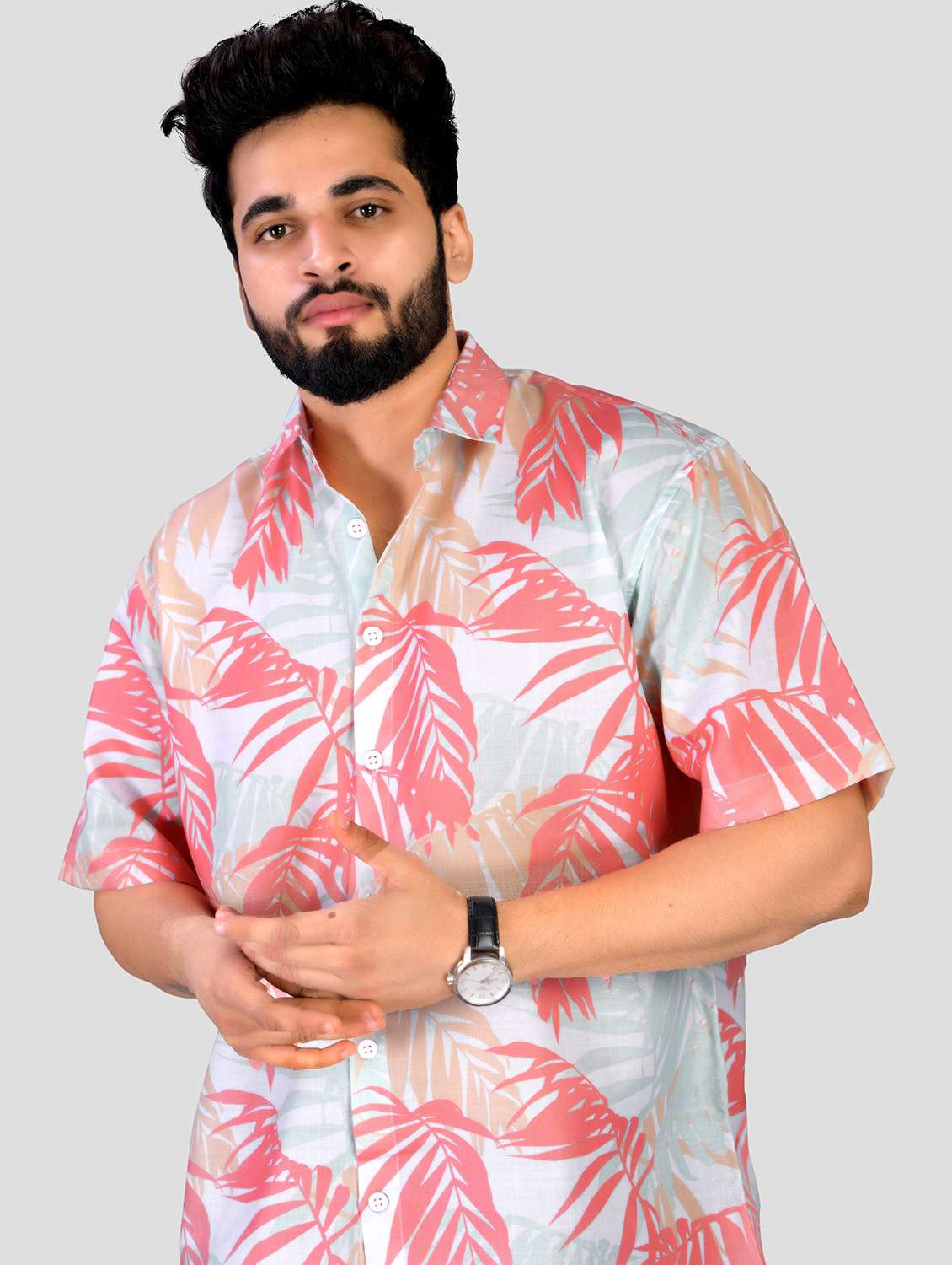 men leaf printed short sleeve oversized casual shirt