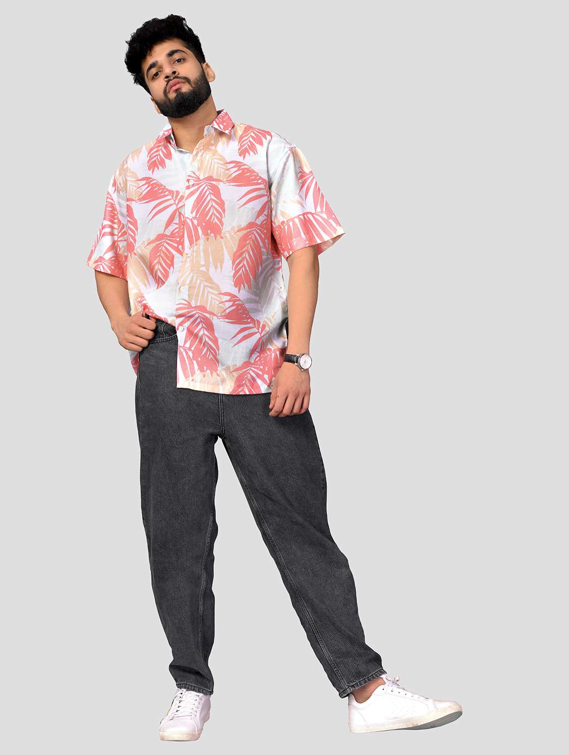 men leaf printed short sleeve oversized casual shirt - 22013142 -  Standard Image - 3