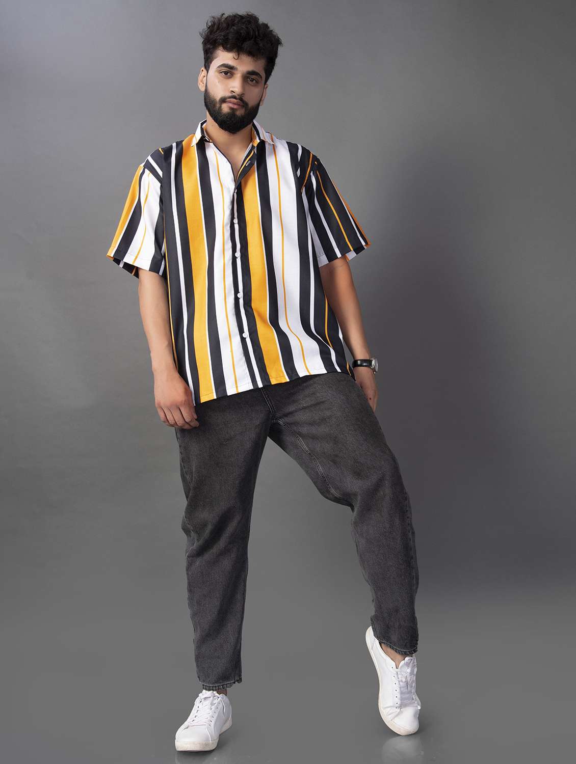 men striped short sleeve oversized casual shirt - 22013154 -  Standard Image - 3