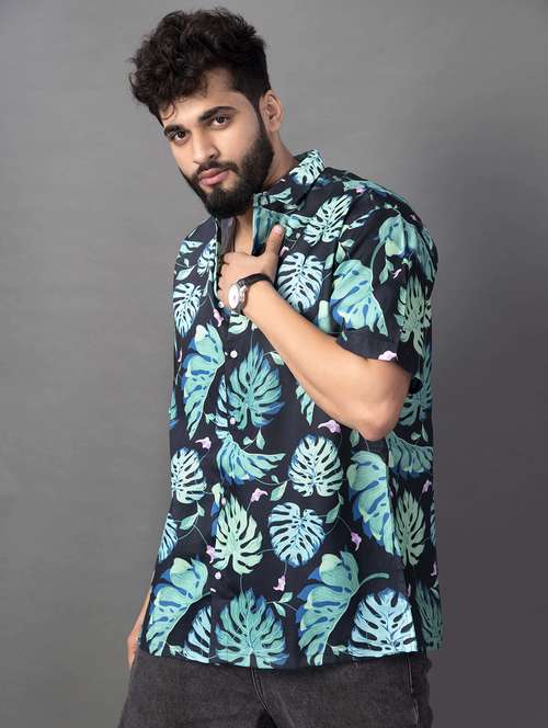 men leaf printed short sleeve oversized casual shirt - 22013227 - Standard Image - 0