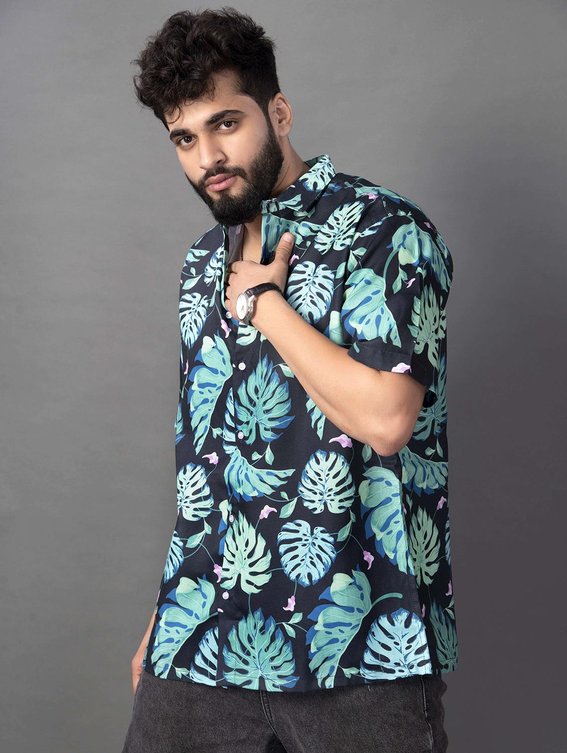men leaf printed short sleeve oversized casual shirt