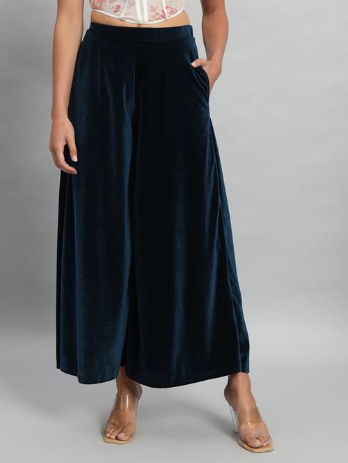 women solid high rise velvet flared palazzo - 22013241 -  Standard Image - 0