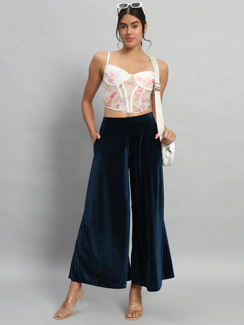 women solid high rise velvet flared palazzo - 22013241 - Standard Image - 3