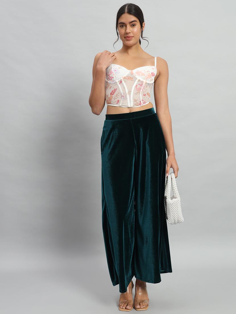 women solid high rise velvet flared palazzo - 22013242 - Standard Image - 3