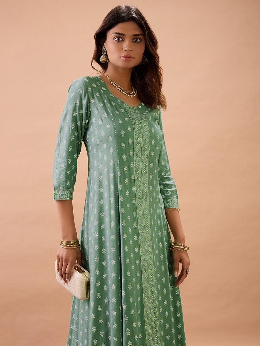 globus women mint green round neck ethnic print front slit flared hem panelled a-line kurta - 22013347 - Standard Image - 3