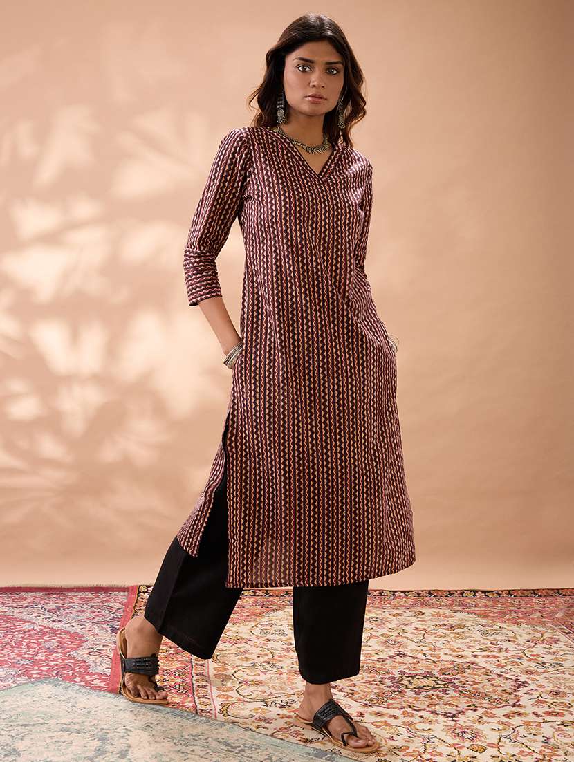 globus women maroon geometric print v-neck calf length straight kurta & pant set
