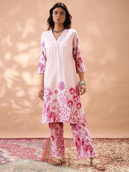 globus women pink gond floral print v-neck plated calf length straight kurta & pant set - 22013350 - Standard Image - 0