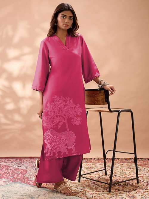 globus women pink gond animal print v-neck bell sleeves straight kurta & wide leg pant set - 22013351 - Standard Image - 0