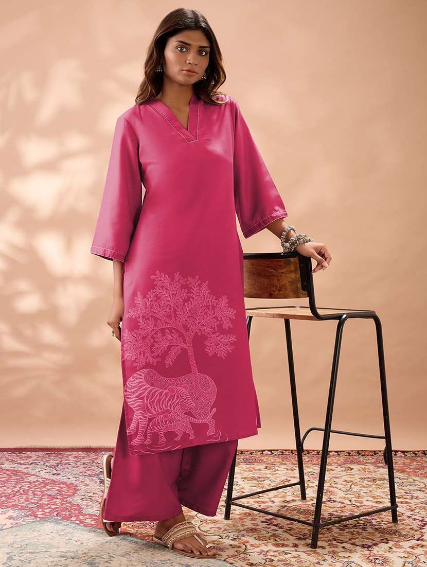 globus women pink gond animal print v-neck bell sleeves straight kurta & wide leg pant set - 22013351 - Zoom Image - 0