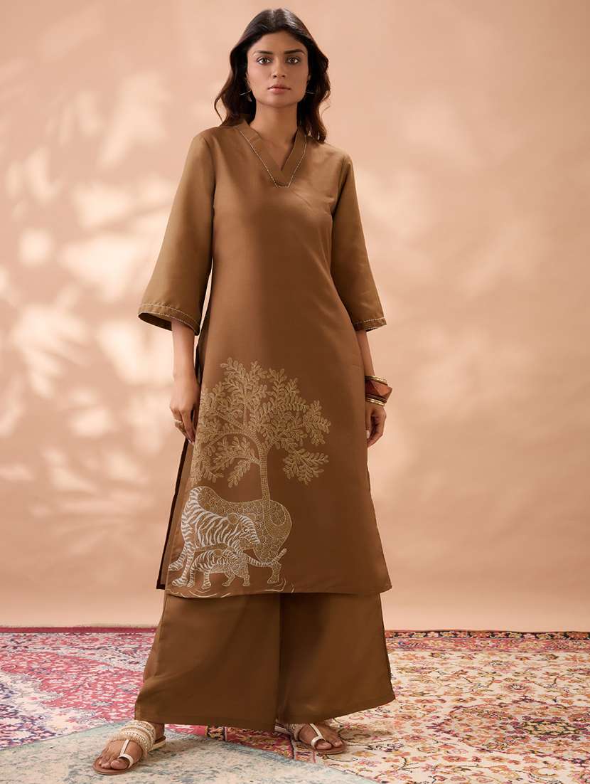 globus women brown gond animal print v-neck bell sleeves straight kurta & wide leg pant set