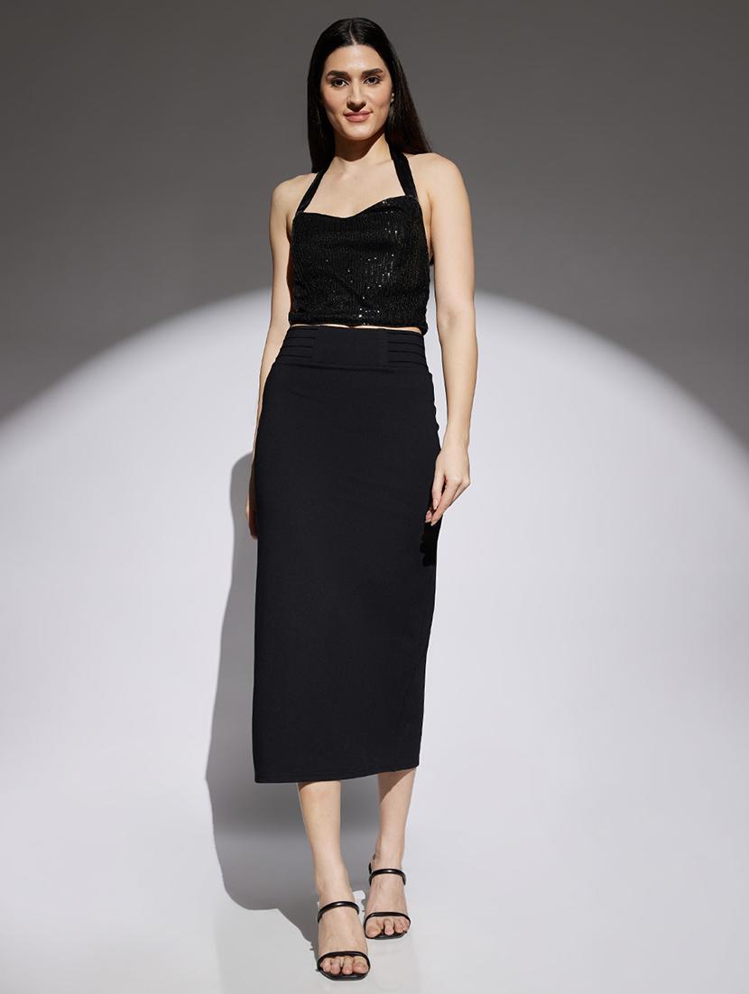 women black solid mid rise pencil skirt - 22013356 - Standard Image - 3