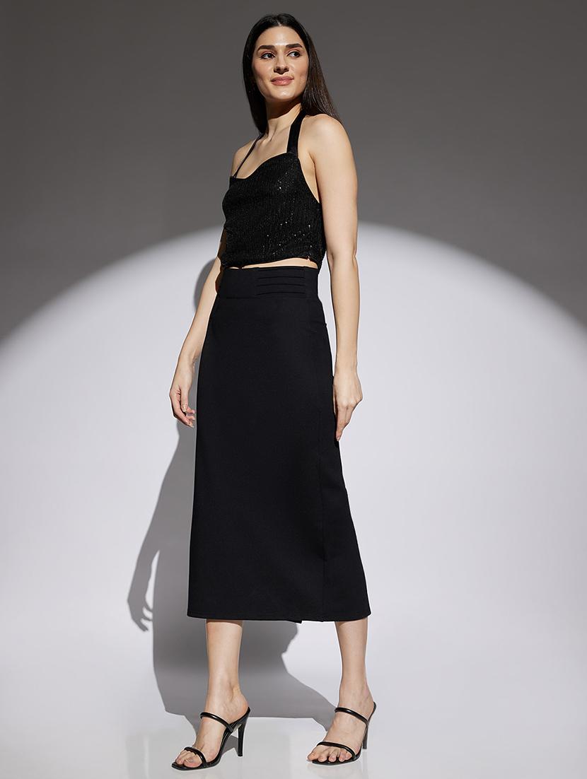 women black solid mid rise pencil skirt - 22013356 - Standard Image - 5