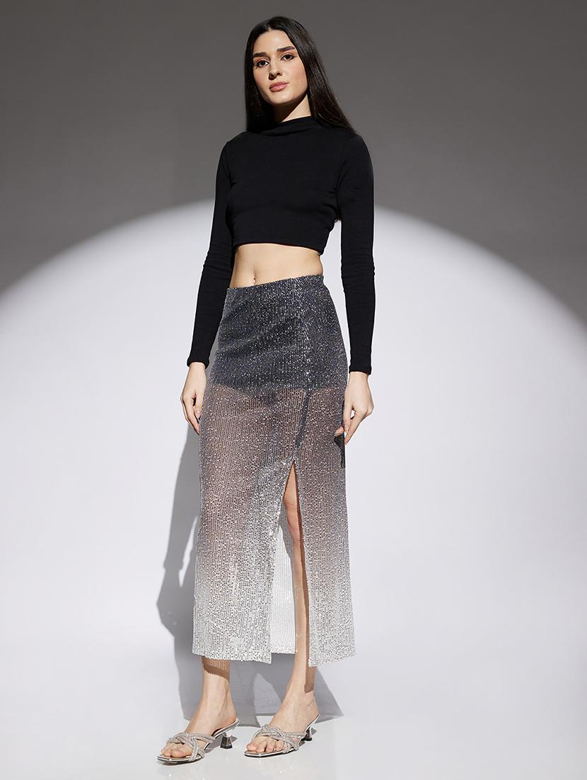 women sequined high rise high slit skirt - 22013357 - Standard Image - 3