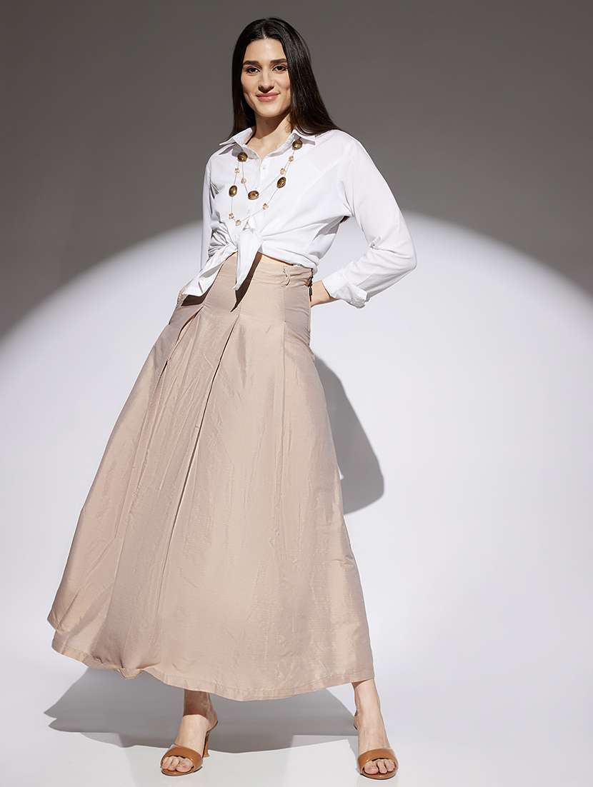 women beige solid high rise flared skirt - 22013362 -  Standard Image - 3