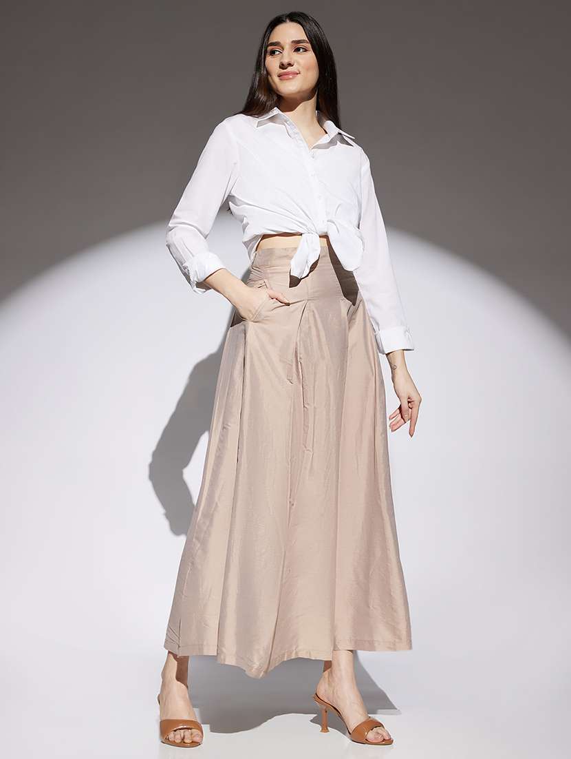 women beige solid high rise flared skirt - 22013362 -  Standard Image - 5