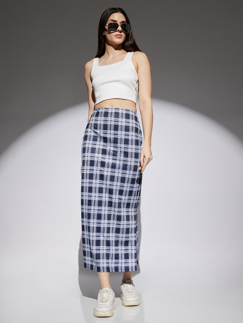 women checkered high rise straight skirt - 22013364 - Standard Image - 3