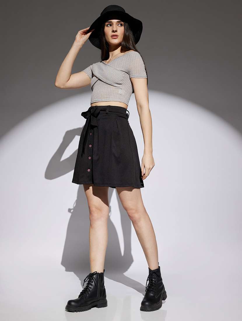 women black solid high rise a-line skirt - 22013365 -  Standard Image - 3