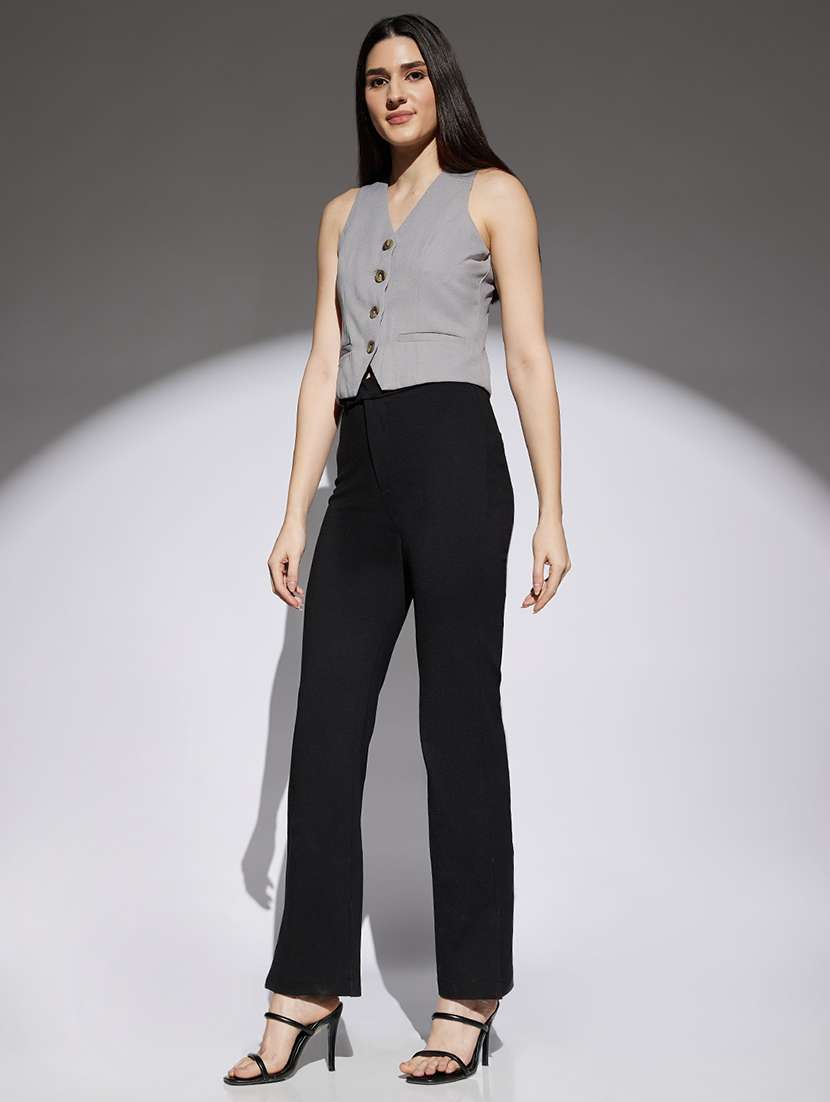 women black solid high rise straight trouser - 22013378 -  Standard Image - 5