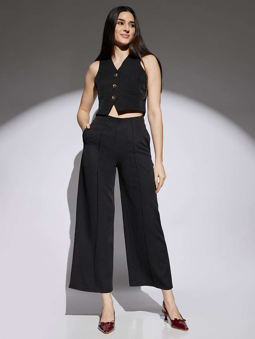 women solid high rise wide leg trouser - 22013386 -  Standard Image - 3