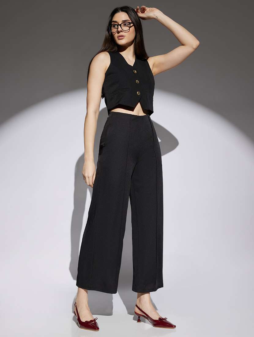 women solid high rise wide leg trouser - 22013386 -  Standard Image - 5