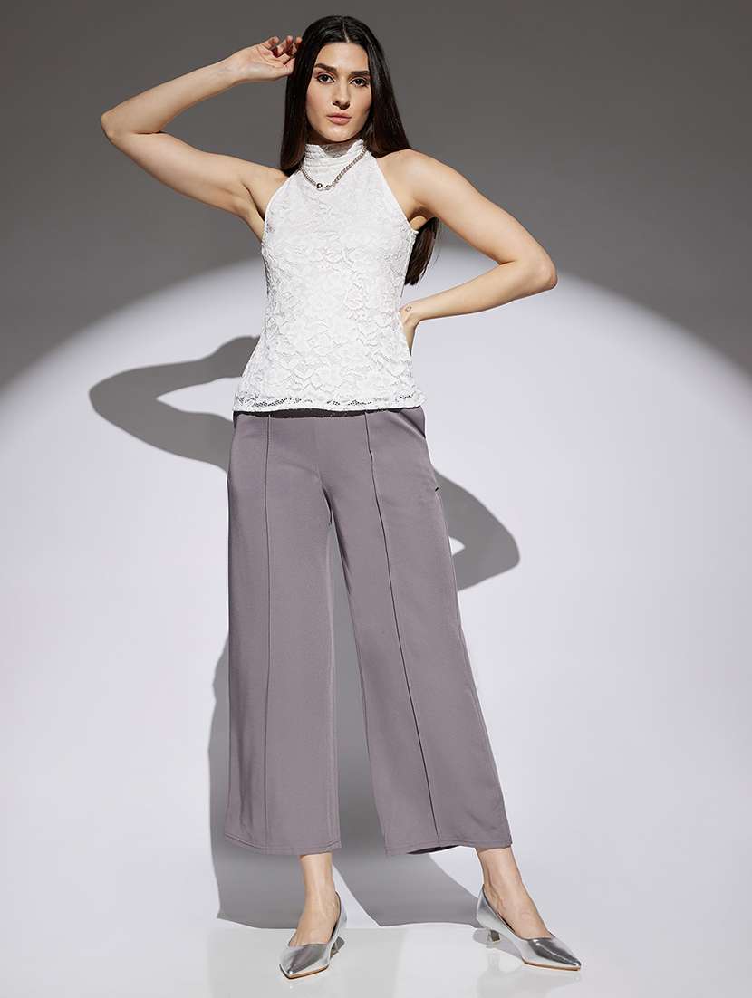 women solid high rise wide leg trouser - 22013387 -  Standard Image - 3