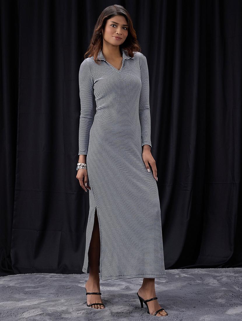 women striped long sleeve collared dress - 22013391 - Zoom Image - 0
