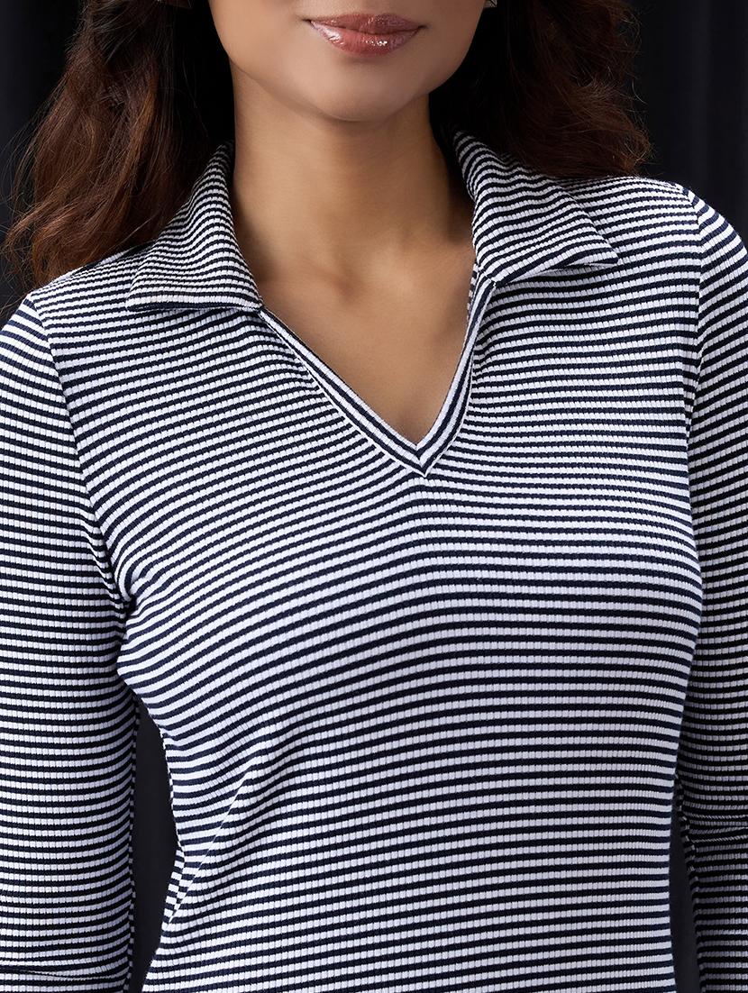 women striped long sleeve collared dress - 22013391 - Standard Image - 3