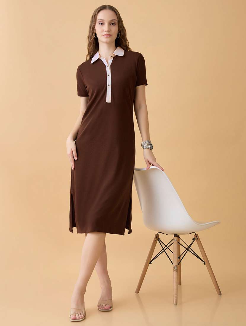 women solid collared short sleeve sheath dress
