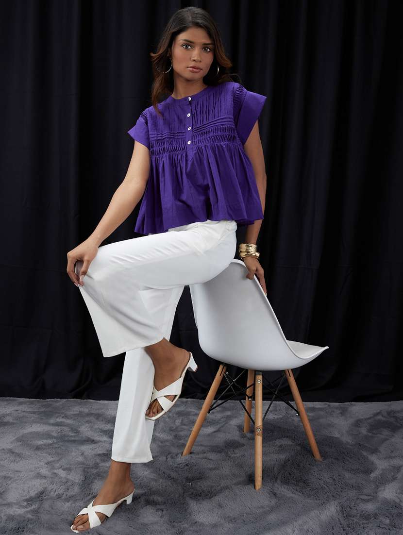 women solid short sleeve a line top - 22013401 -  Standard Image - 3