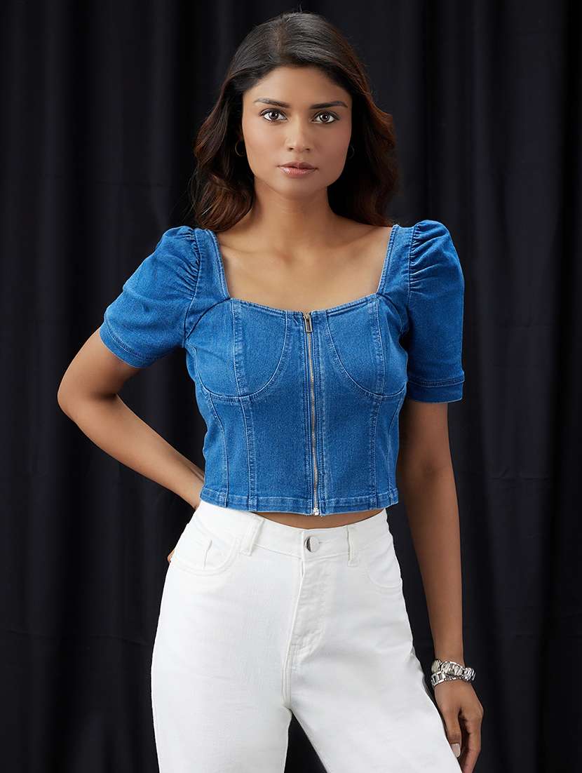 women solid puff sleeve denim corset top - 22013408 - Zoom Image - 0