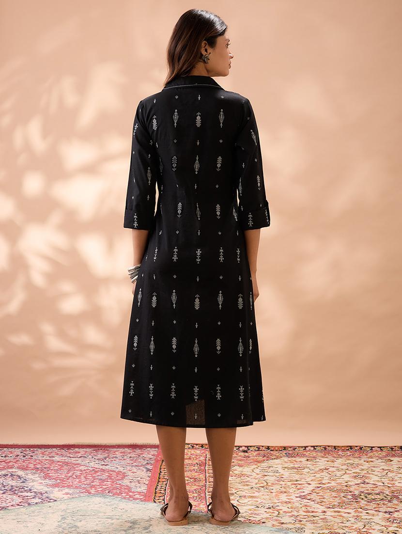 globus women black notched lapel roll up sleeves ethnic print a-line midi dress - 22013411 - Standard Image - 3