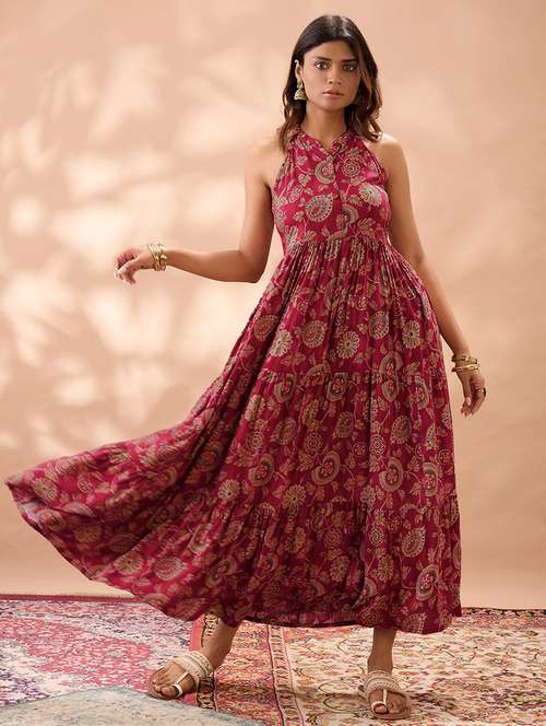 globus women maroon halter neck floral print gathered & tiered a-line maxi fusion dress - 22013412 -  Standard Image - 0