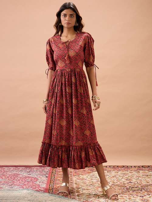 globus women maroon round neck puff sleeves ethnic print tie-ups detail tiered a-line midi dress - 22013413 -  Standard Image - 0