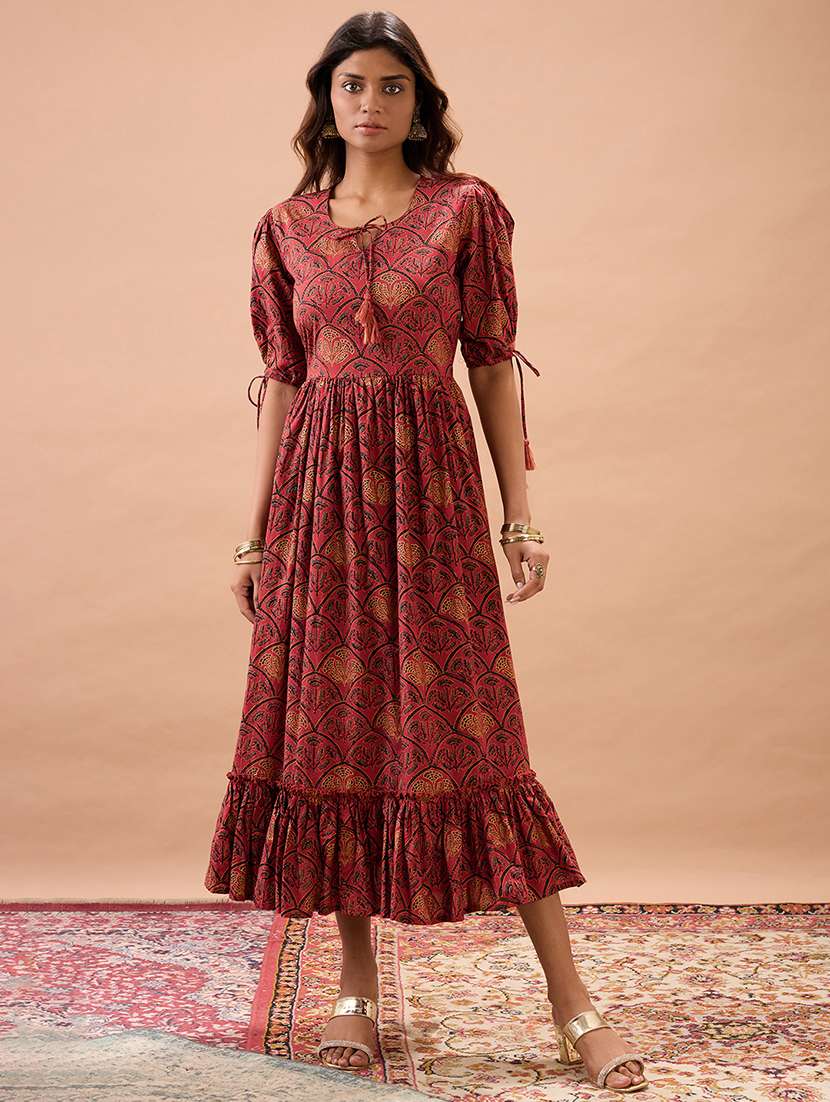 globus women maroon round neck puff sleeves ethnic print tie-ups detail tiered a-line midi dress - 22013413 -  Zoom Image - 0