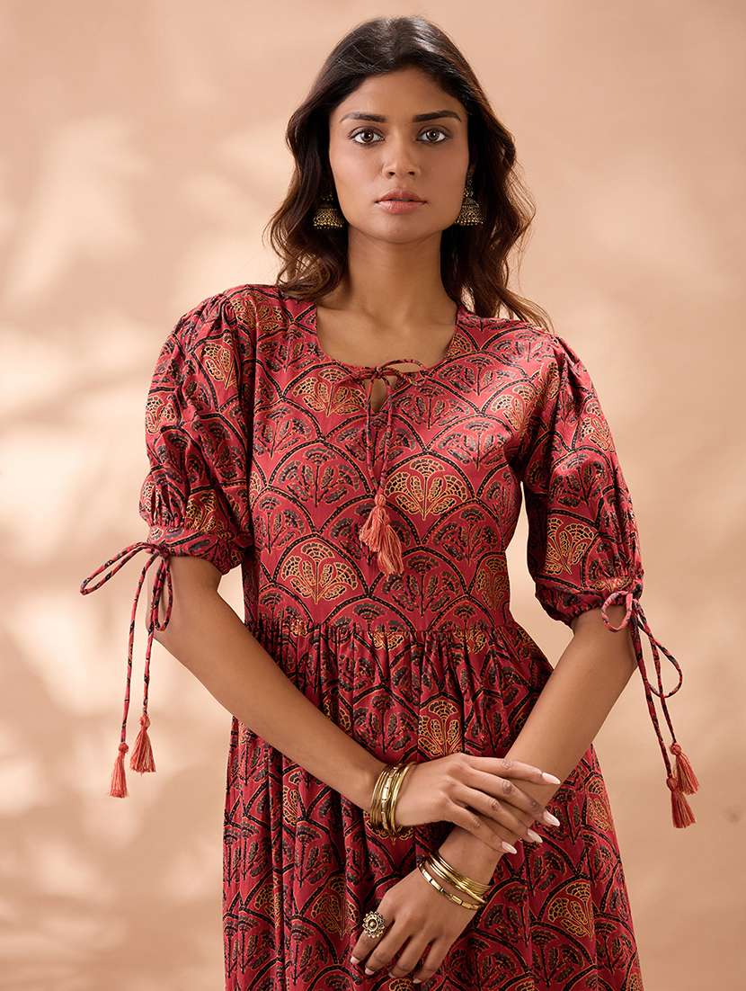 globus women maroon round neck puff sleeves ethnic print tie-ups detail tiered a-line midi dress - 22013413 -  Standard Image - 3