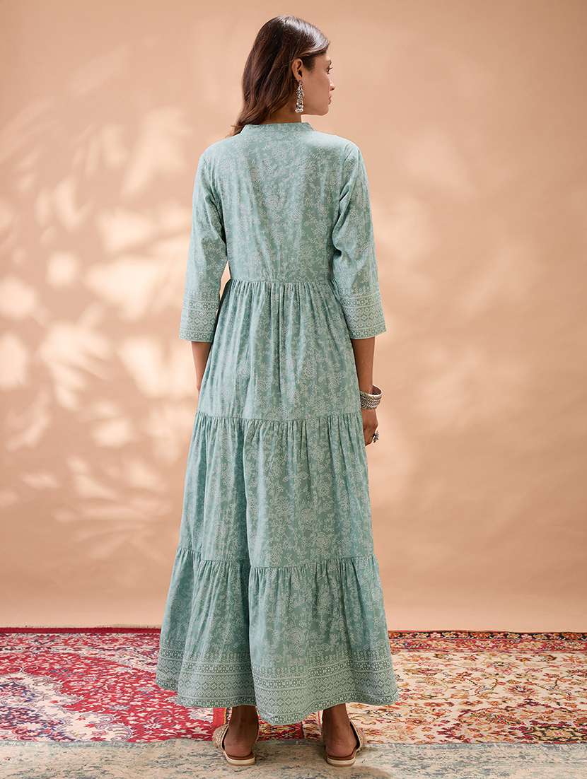 globus women green mandarin collar floral print fit and flare lace & tie up detail flared hem tiered maxi dress - 22013415 -  Standard Image - 3