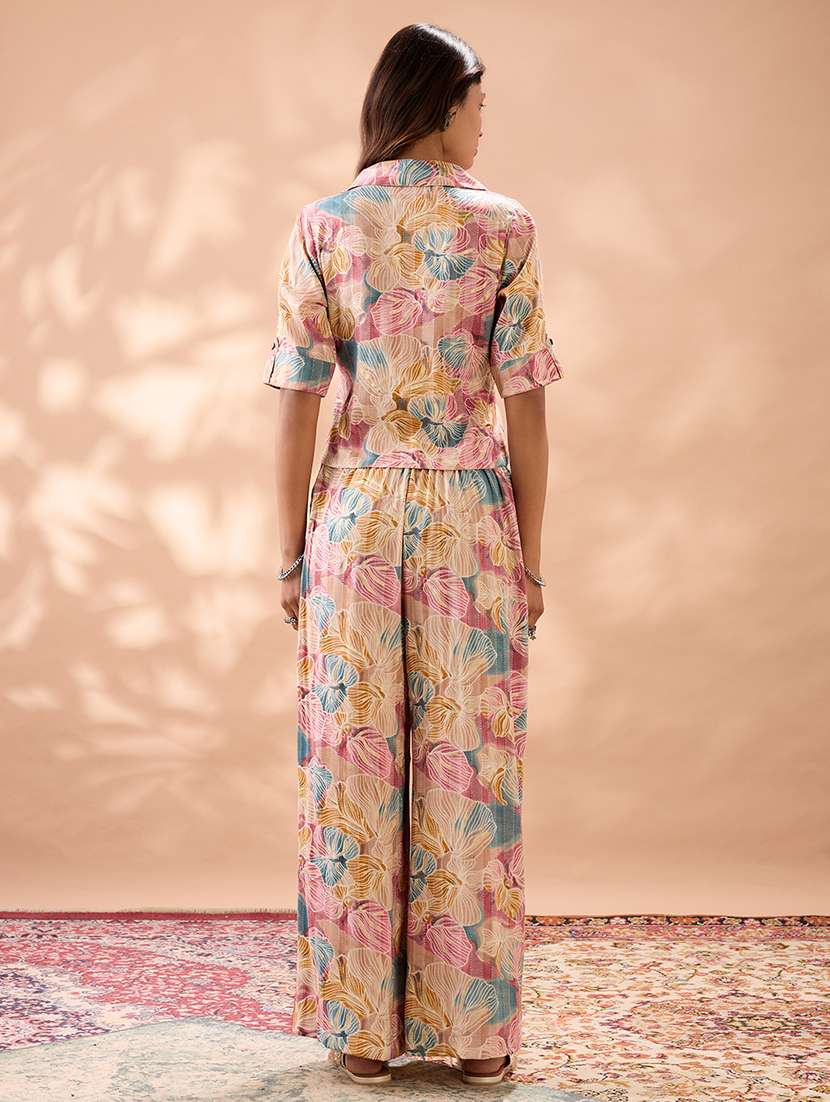 globus women multi color floral print notched lapel shirt with wide leg trousers fusion co-ord set - 22013417 -  Standard Image - 3