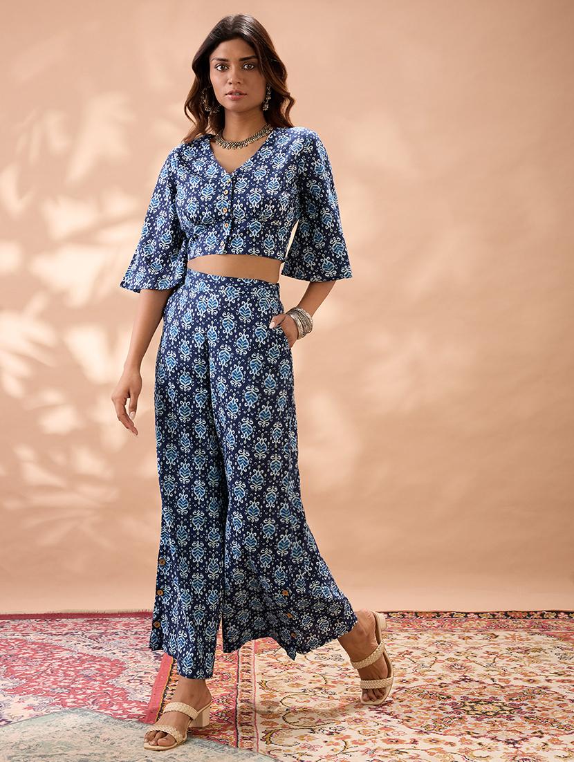 globus women navy blue ethnic print v-neck flared sleeves crop top with wide leg trousers co-ord set