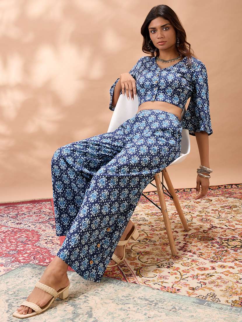 globus women navy blue ethnic print v-neck flared sleeves crop top with wide leg trousers co-ord set - 22013418 -  Standard Image - 3