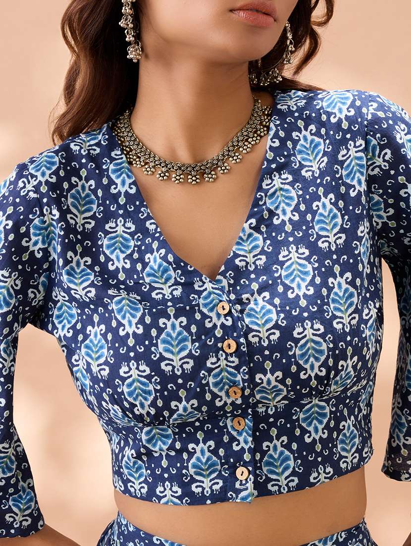 globus women navy blue ethnic print v-neck flared sleeves crop top with wide leg trousers co-ord set - 22013418 -  Standard Image - 5