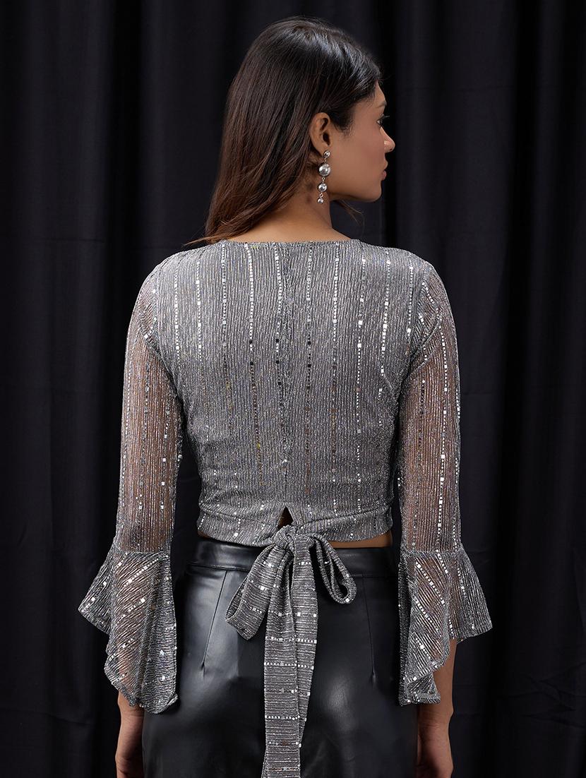 women sequined bell sleeve wrap top - 22013422 - Standard Image - 3