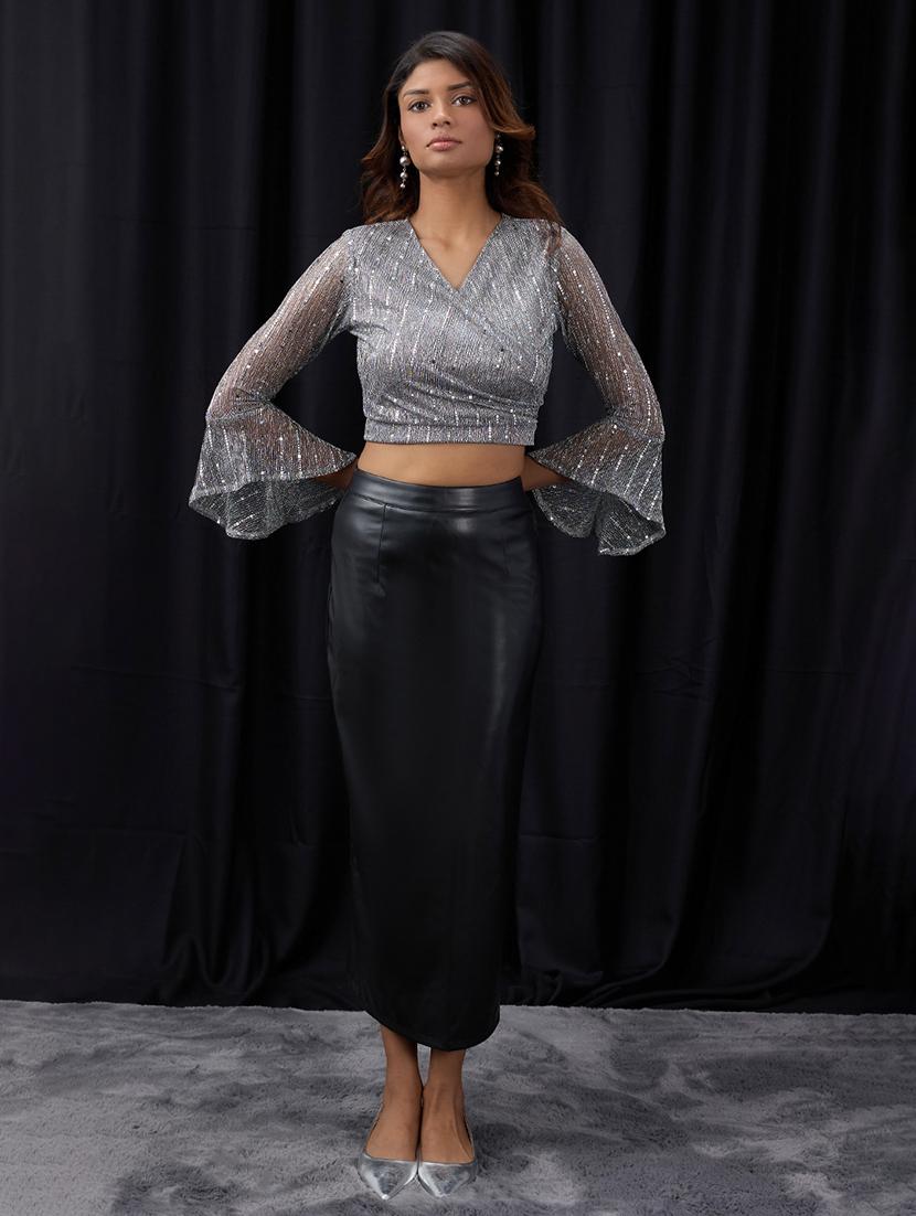 women sequined bell sleeve wrap top - 22013422 - Standard Image - 5