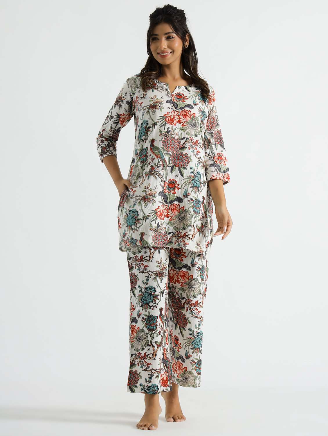 women printed three quarter sleeve co-ord set