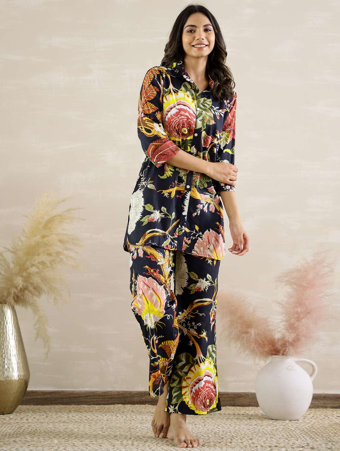 women printed three quarter sleeve co-ord set